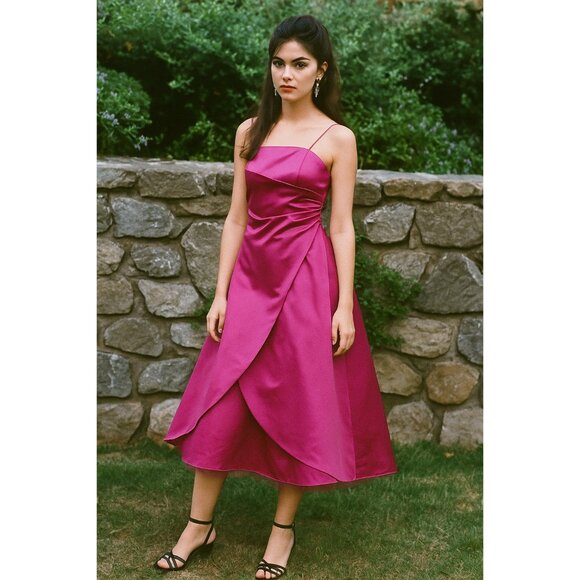 Vintage 90's Fuscia Pink Midi Formal Prom Bridal Dress Tulle Puff Size 6 - Picture 8 of 12